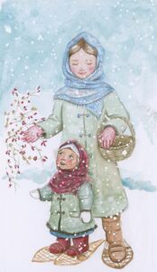 une maman et son enfant dans la neige raquettes aux pieds